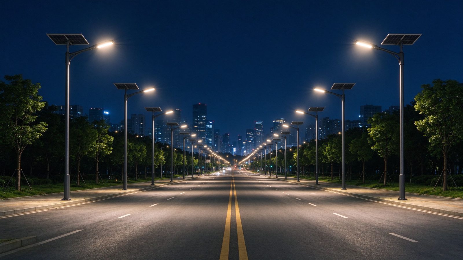 城市道路太阳能路灯夜景实景
